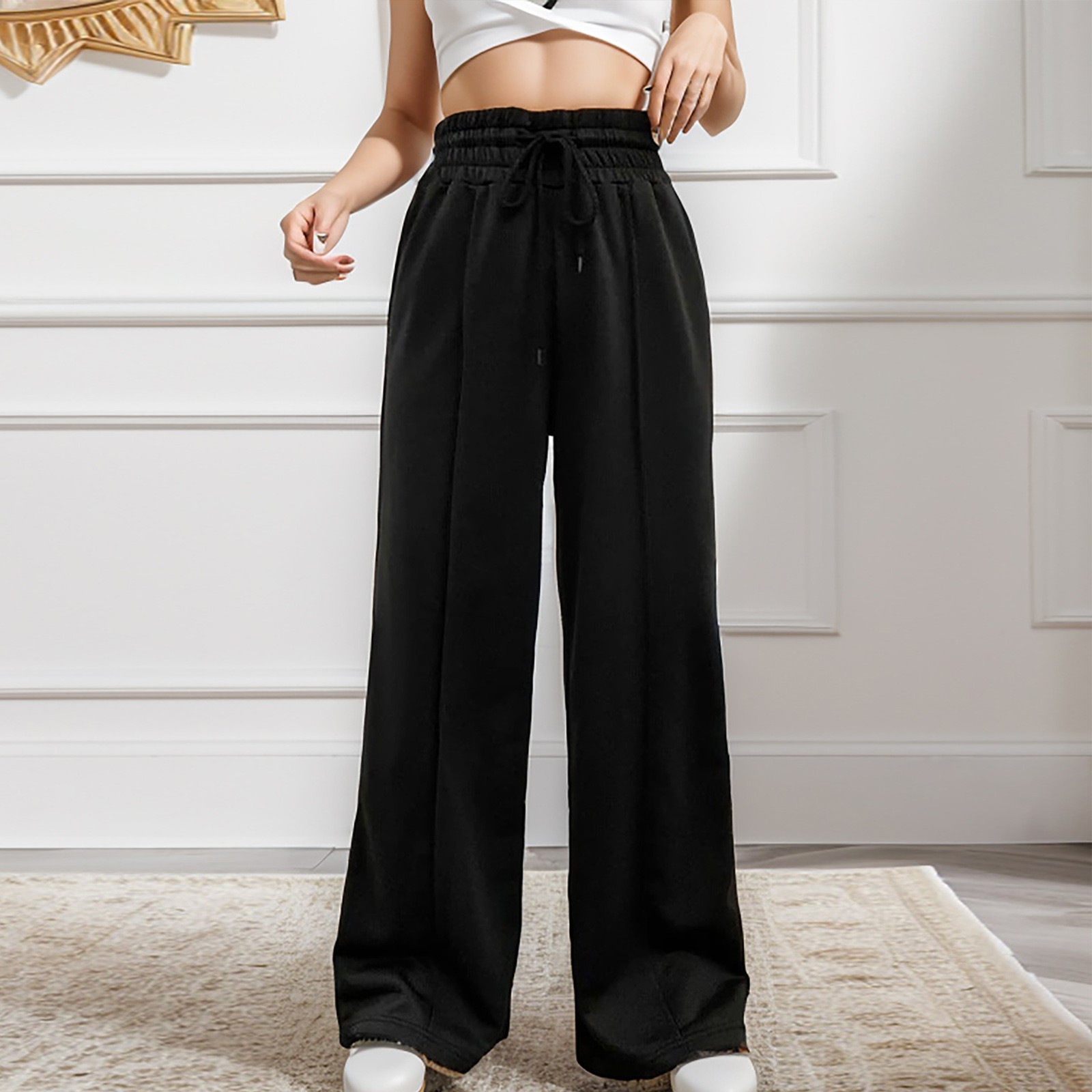 thumbnail image 2 of Pantalones largos casuales de cintura alta con cordón para mujer - Pantalones anchos y holgados, 2 of 5
